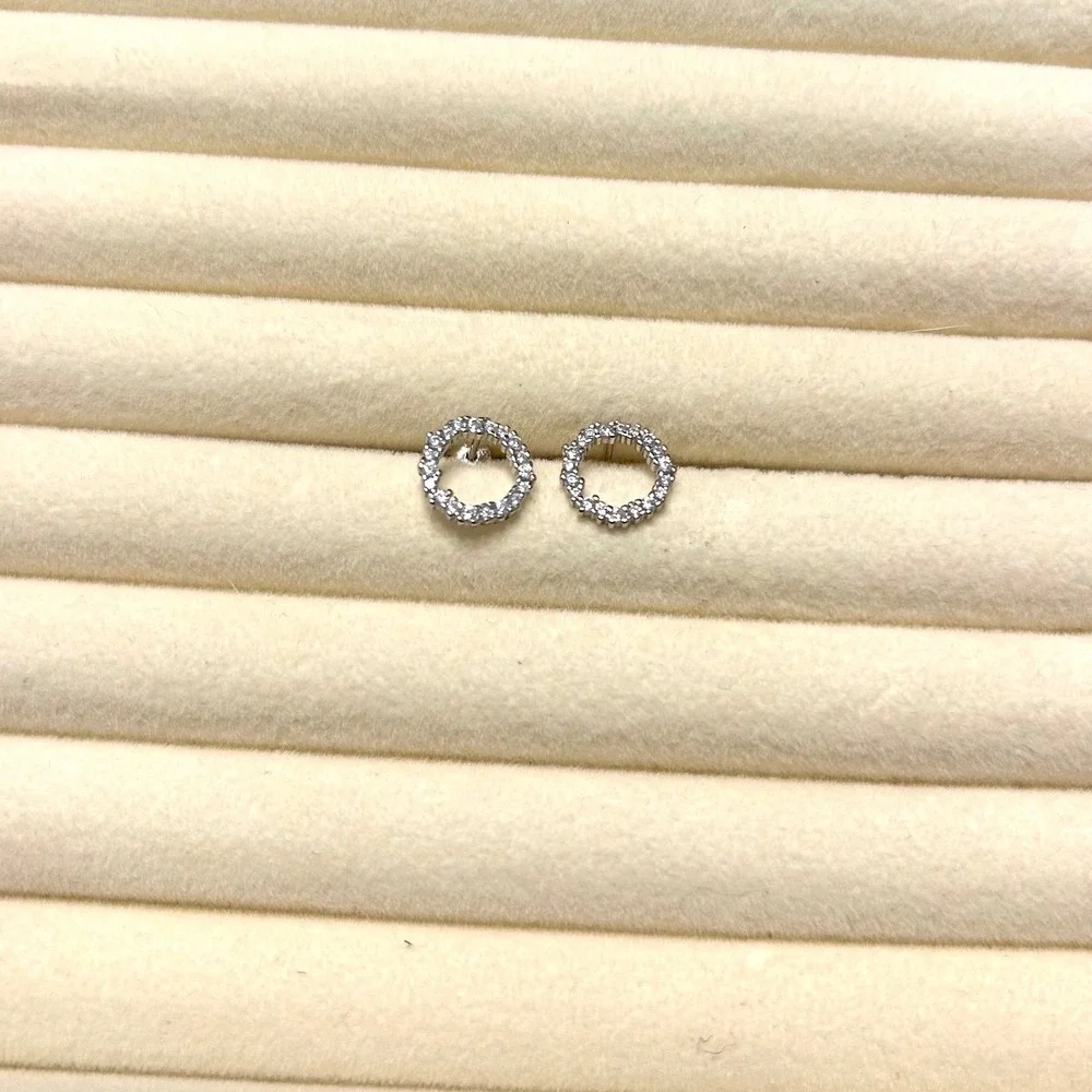 925 Sterling Silver Rhodium CZ Open Circle Stud Earrings Geometric Minimalist